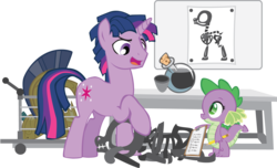 Size: 1525x929 | Tagged: safe, artist:trotsworth, spike, twilight sparkle, g4, barb, clipboard, dusk shine, fanfic, fanfic art, necromancy, pencil, rule 63, simple background, skeleton, this will end in tears, transparent background