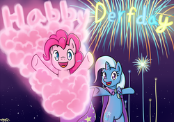 Size: 1529x1075 | Tagged: safe, artist:ligerstorm, pinkie pie, trixie, pony, g4, bipedal, birthday, duo, fireworks, happy birthday