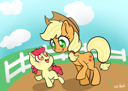 Size: 1021x722 | Tagged: safe, artist:lexieskye, apple bloom, applejack, g4, duo