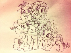 Size: 1024x768 | Tagged: safe, artist:ichigoaimin, applejack, fluttershy, pinkie pie, rainbow dash, rarity, twilight sparkle, earth pony, pegasus, pony, unicorn, g4, cute, eyes closed, female, flying, group hug, horn, hug, mane six, mare, one eye closed, open mouth, open smile, smiling, traditional art, unicorn twilight