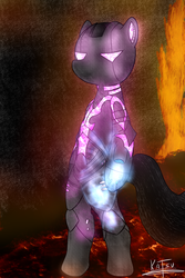 Size: 1500x2250 | Tagged: safe, artist:katsu, oc, oc only, oc:shade, pony, bipedal, comics, crossover, heroes of the void, lava, rock, shade, solo