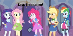 Size: 1024x499 | Tagged: safe, applejack, fluttershy, pinkie pie, rainbow dash, rarity, alien, equestria girls, g4, are equestrian girls human?, clothes, exploitable meme, meme, pinkie has a crazy idea, skirt, tank top, you don't say