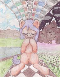 Size: 5102x6599 | Tagged: safe, artist:bluepianta, scootaloo, g4, absurd resolution, carpet, eyes closed, female, flower, grass, moon, mountain, pond, solo, sun, traditional art