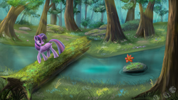 Size: 1920x1080 | Tagged: dead source, safe, artist:sycreon, twilight sparkle, alicorn, pony, g4, crepuscular rays, female, flower, forest, mare, nature, open mouth, outdoors, river, scenery, smiling, solo, twilight sparkle (alicorn), walking, wallpaper