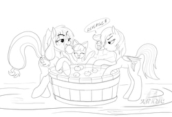 Size: 1001x683 | Tagged: safe, artist:drake, applejack, rainbow dash, scootaloo, g4, apple, apple bobbing, grayscale, monochrome, wet