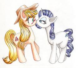 Size: 1024x890 | Tagged: safe, artist:unousaya, applejack, rarity, g4, blushing, female, lesbian, ship:rarijack, shipping