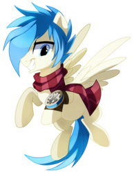 Size: 762x984 | Tagged: safe, artist:pepooni, oc, oc only, oc:kaylen threadspinner, pegasus, pony, clothes, compass, flying, male, scarf, solo, stallion