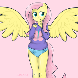 Size: 1000x1000 | Tagged: safe, artist:empyu, fluttershy, anthro, g4, ambiguous facial structure, blue underwear, clothes, cutie mark, female, flower pattern underwear, legs together, panties, solo, sweater, sweatershy, underwear