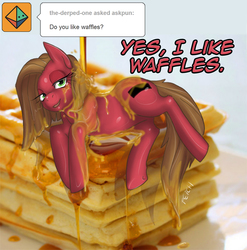 Size: 791x800 | Tagged: safe, artist:cnat, oc, oc only, oc:pun, earth pony, pony, ask pun, ask, draw me like one of your french girls, female, food, foodplay, honey, irl, mare, messy, photo, ponies in real life, seductive, solo, sticky, sultry pose, syrup, tumblr, waffle