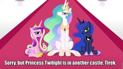 Size: 960x540 | Tagged: safe, princess cadance, princess celestia, princess luna, twilight sparkle, alicorn, pony, g4, twilight's kingdom, female, frown, glare, grumpy, image macro, in another castle, mare, meme, sitting, super mario bros., twilight sparkle (alicorn)