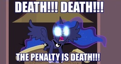 Size: 866x456 | Tagged: safe, edit, edited screencap, screencap, princess luna, alicorn, pony, g4, princess twilight sparkle (episode), angry, angry luna, caption, female, glowing eyes, glowing eyes meme, heresy, hoof shoes, image macro, implied death, implied execution, judgement, mare, meme, reaction image, solo, wrath