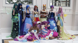 Size: 1000x555 | Tagged: safe, artist:dust-bunny, artist:envy cosplay, artist:flying-fox, artist:frauleinninja, applejack, fluttershy, pinkie pie, princess cadance, princess luna, queen chrysalis, rainbow dash, twilight sparkle, human, g4, cosplay, irl, irl human, katsucon, photo, twilight sparkle (alicorn)