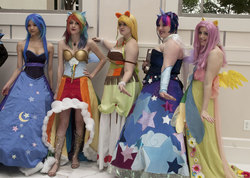 Size: 800x571 | Tagged: safe, artist:flying-fox, applejack, fluttershy, princess luna, rainbow dash, twilight sparkle, human, g4, cosplay, irl, irl human, photo, twilight sparkle (alicorn)