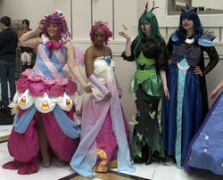 Size: 800x647 | Tagged: safe, artist:dust-bunny, artist:envy cosplay, artist:flying-fox, artist:frauleinninja, pinkie pie, princess cadance, princess luna, queen chrysalis, human, g4, cosplay, irl, irl human, photo