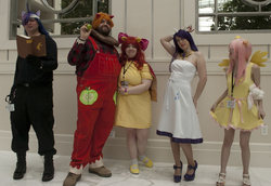 Size: 1000x686 | Tagged: safe, apple bloom, big macintosh, fluttershy, rarity, twilight sparkle, human, g4, cosplay, irl, irl human, katsucon, photo