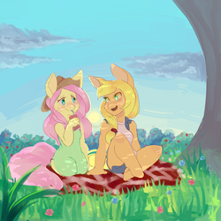 Size: 1280x1280 | Tagged: safe, artist:themaliciouskitty, applejack, fluttershy, anthro, g4, accessory swap, blushing, drinking, female, hat, juice box, lesbian, picnic blanket, ship:appleshy, shipping