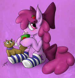 Size: 3694x3806 | Tagged: safe, artist:jorobro, berry punch, berryshine, cat, g4, belly button, blushing, clothes, female, high res, juice box, socks, solo, striped socks