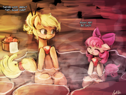 Size: 1024x768 | Tagged: safe, artist:lumineko, apple bloom, applejack, earth pony, pony, g4, adorabloom, apple, cute, dialogue, eating, hot springs, sisters