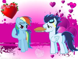 Size: 600x450 | Tagged: safe, artist:celinesparkle, rainbow dash, soarin', pegasus, pony, g4, female, food, heart, male, mare, pie, ship:soarindash, shipping, stallion, straight, that pony sure does love pies, wallpaper