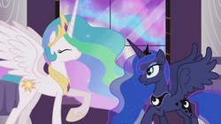 Size: 1280x720 | Tagged: safe, screencap, princess celestia, princess luna, alicorn, pony, g4, my little pony: friendship is magic, the crystal empire, aurora borealis, aurora crystialis, canterlot castle, cute, cutelestia, eyes closed, female, happy, hoof shoes, jewelry, mare, open mouth, peytral, pillar, raised hoof, regalia, sisters, smiling, spread wings