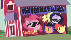 Size: 1280x720 | Tagged: safe, artist:dinnerjoe, apple bloom, pinkie pie, scootaloo, sweetie belle, g4, barn, cutie mark crusaders, graffiti, koolsaders