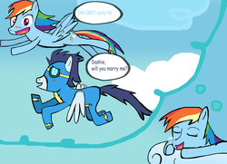 Size: 900x651 | Tagged: safe, artist:helsaabi, rainbow dash, soarin', g4, dream, engrish, female, incorrect leg anatomy, male, ship:soarindash, shipping, straight, wonderbolts uniform