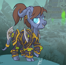 Size: 657x650 | Tagged: safe, artist:atryl, draenei, pony, armor, bedroom eyes, cloven hooves, earring, grin, horns, looking at you, naxxramas, ponified, ponytail, raised hoof, scar, smiling, solo, warcraft, world of warcraft