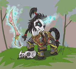 Size: 719x650 | Tagged: safe, artist:atryl, pandaren, pony, unicorn, armor, braid, death knight, grin, looking at you, magic, moustache, ponified, pose, runes, skull, smiling, solo, sword, telekinesis, warcraft, weapon, world of warcraft