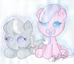 Size: 2656x2288 | Tagged: safe, artist:jackie00liza, diamond tiara, silver spoon, earth pony, pony, g4, adorabullies, baby, baby pony, cute, diamondbetes, filly, high res, missing accessory, open mouth, pacifier, silverbetes, traditional art