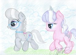 Size: 3456x2512 | Tagged: safe, artist:jackie00liza, diamond tiara, silver spoon, earth pony, pony, g4, adorabullies, cloud, cloudy, cute, filly, glasses, high res, open mouth, playing, running, traditional art