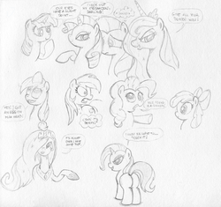 Size: 2621x2466 | Tagged: safe, apple bloom, applejack, fluttershy, pinkie pie, princess celestia, princess luna, rainbow dash, rarity, trixie, twilight sparkle, g4, butt, high res, monochrome, plot, sketch dump, traditional art