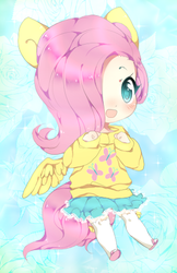 Size: 311x480 | Tagged: safe, artist:cutie-pie-neko, fluttershy, human, g4, chibi, clothes, colored pupils, cute, cutie mark, cutie mark on clothes, eared humanization, female, hair over one eye, humanized, looking at you, shyabetes, skirt, socks, solo, sweatershy, tailed humanization, winged humanization