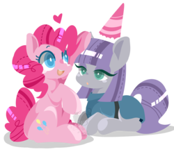Size: 2507x2198 | Tagged: safe, artist:snow angel, maud pie, pinkie pie, g4, colored pupils, duo, hat, heart, high res, party hat, pixiv, prone, simple background, sitting, transparent background, watermark