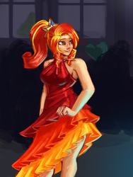 Size: 3000x4000 | Tagged: safe, artist:checkerboardazn, sunset shimmer, human, g4, beautiful, clothes, dress, female, humanized, pixiv, ponytail, solo