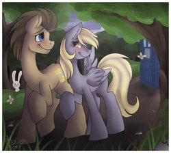 Size: 1024x919 | Tagged: safe, artist:drawing-heart, derpy hooves, doctor whooves, time turner, pegasus, pony, g4, duo, female, mare