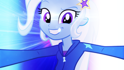 Size: 1024x576 | Tagged: safe, artist:digiteku, artist:masem, edit, trixie, equestria girls, g4, my little pony equestria girls: rainbow rocks, lens flare, looking at you, smiling, solo, vector, wallpaper, wallpaper edit