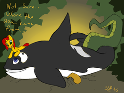 Size: 1280x960 | Tagged: safe, artist:shdingo, oc, oc only, oc:marine delight, oc:spinel, lamia, orca, original species, whale, crushing
