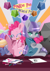 Size: 1280x1818 | Tagged: safe, artist:snow angel, maud pie, pinkie pie, g4, drawing, happy, sitting, underhoof