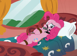 Size: 1024x752 | Tagged: safe, artist:radiantrealm, pinkie pie, earth pony, pony, g4, bed, bit gag, bondage, bound, bound and gagged, collar, female, femsub, gag, golden oaks library, pinkiesub, rope, show accurate, submissive