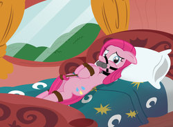 Size: 1024x752 | Tagged: safe, artist:radiantrealm, pinkie pie, earth pony, pony, g4, bed, bit gag, bondage, bound, bound and gagged, collar, female, femsub, gag, golden oaks library, pinkamena diane pie, pinkasub, pinkiesub, rope, show accurate, submissive