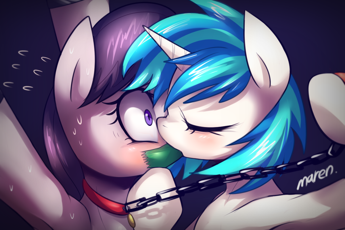 722530 - suggestive, artist:maren, dj pon-3, octavia melody, vinyl scratch,  earth pony, pony, unicorn, g4, armpits, blushing, bondage, chains, collar,  eyes closed, female, gag, implied rape, kissing, lesbian, mare, pixiv,  plewds, ship:scratchtavia,