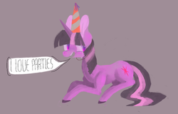 Size: 1102x705 | Tagged: dead source, safe, artist:berrydrops, twilight sparkle, pony, unicorn, g4, crying, dissonance, female, mare, party hat, prone, simple background, solo, speech bubble