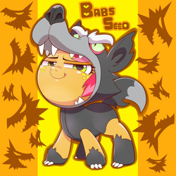 Size: 700x700 | Tagged: safe, artist:naoki, babs seed, earth pony, pony, g4, one bad apple, adorababs, animal costume, big babs wolf, clothes, costume, cute, female, looking at you, pixiv, smirk, solo, wolf costume
