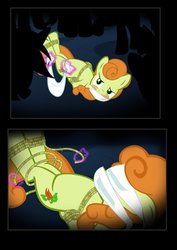 Size: 800x1131 | Tagged: safe, artist:radiantrealm, carrot top, golden harvest, earth pony, pony, g4, belly, blindfold, blushing, bondage, bound, cloth gag, comic, female, gag, magic, mare, rope, show accurate