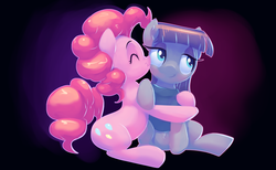 Size: 1920x1179 | Tagged: safe, artist:gsphere, maud pie, pinkie pie, earth pony, pony, g4, blushing, clothes, cute, diapinkes, embarrassed, eyes closed, female, hug, mare, maudabetes, nose wrinkle, scrunchy face, sisters, smiling, when she smiles