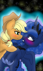 Size: 1024x1678 | Tagged: safe, artist:saphi-boo, applejack, princess luna, g4, blushing, boop, female, lesbian, noseboop, ship:lunajack, shipping, smiling