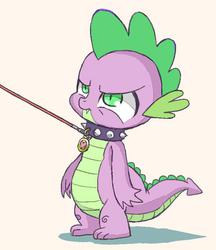 Size: 600x694 | Tagged: dead source, safe, artist:semi-kon, spike, dragon, g4, collar, dog collar, dragon dog spike, heart, leash, male, namesake, pet, pet tag, pun, slit pupils, solo, spike is not amused, spiked collar, standing, unamused, visual pun