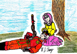 Size: 922x645 | Tagged: safe, artist:stealthninja5, fluttershy, human, g4, bionicle, clothes, crossover, female, humanized, kanohi hau, lego, long skirt, male, relaxing, skirt, sweater, sweatershy, tahu, traditional art, tree