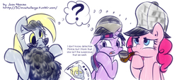 Size: 2660x1200 | Tagged: safe, artist:jcosneverexisted, derpy hooves, pinkie pie, twilight sparkle, pegasus, pony, g4, 30 minute art challenge, beard, disguise, female, glasses, hat, mare, pipe