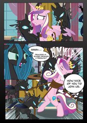 Size: 800x1131 | Tagged: safe, artist:radiantrealm, princess cadance, queen chrysalis, changeling, pony, g4, bondage, bound, cloth gag, comic, gag, rope, show accurate